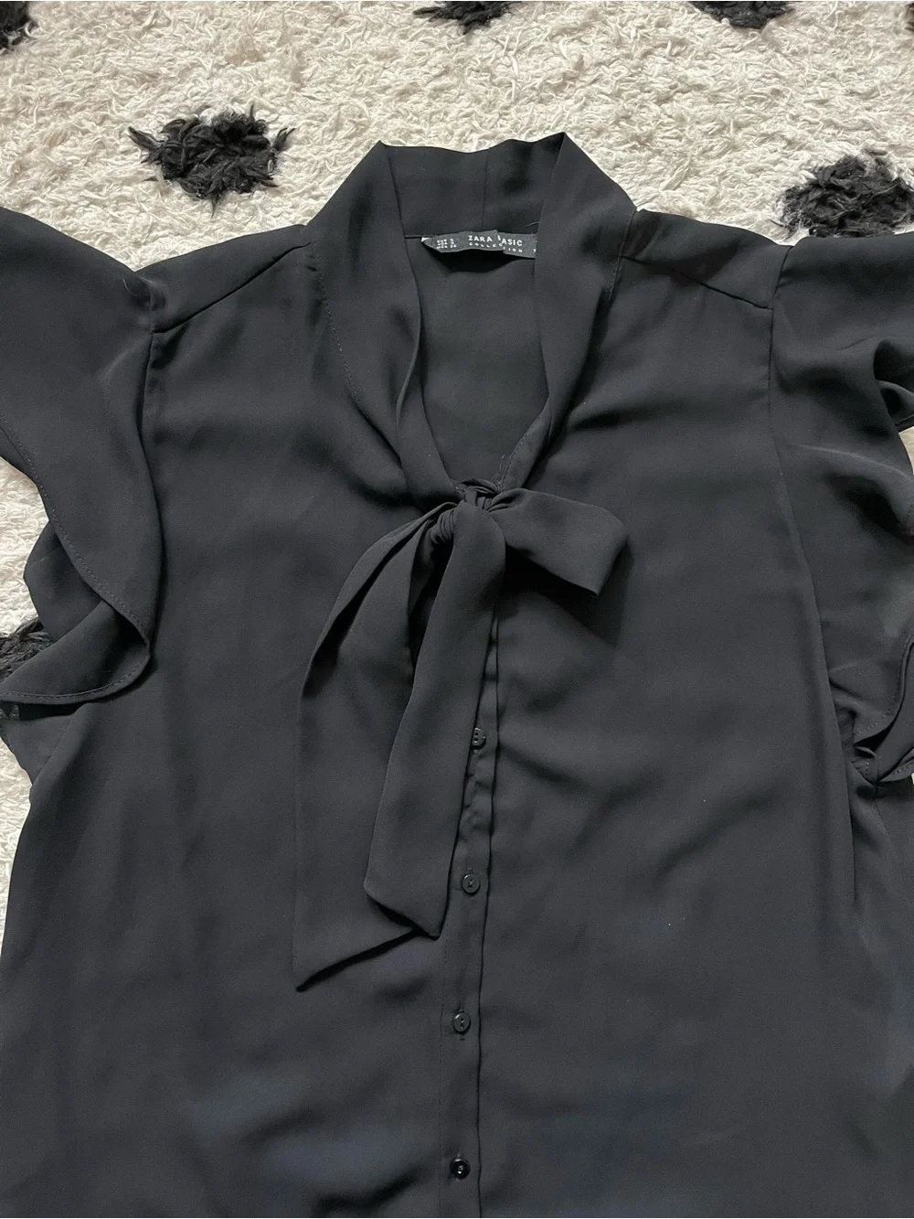 Zara size small black button down short ruffle sleeve with tie neck